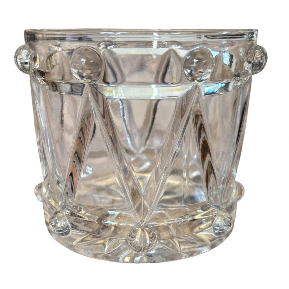 Vintage Heavy Crystal‎ Glass Drum Ice Bucket Diamond Starburst Cut Barware 5in